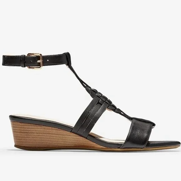 COLE HAAN "Findra" Black Leather Woven Slide Wedge Sandal | Size 9B - Picture 4 of 15